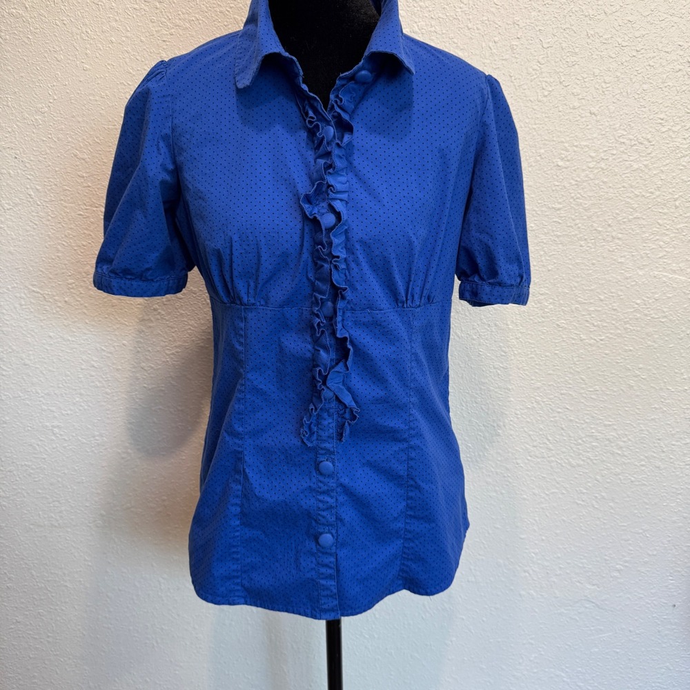 FANG Royal Blue Black Polka Dot Ruffle Front Short Sleeve Y2K Blouse Large